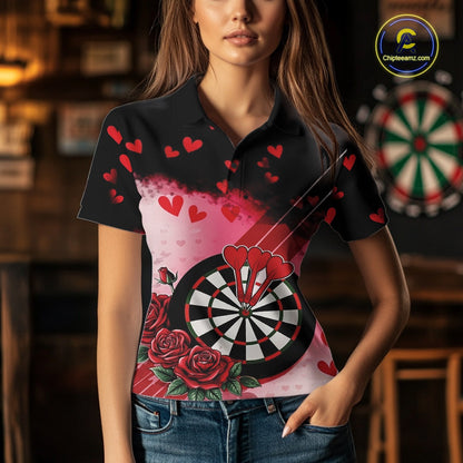 Custom Black And Red Heart Theme Valentine Dart Women Polo Shirt, Couple Dart Shirt IPHW10406