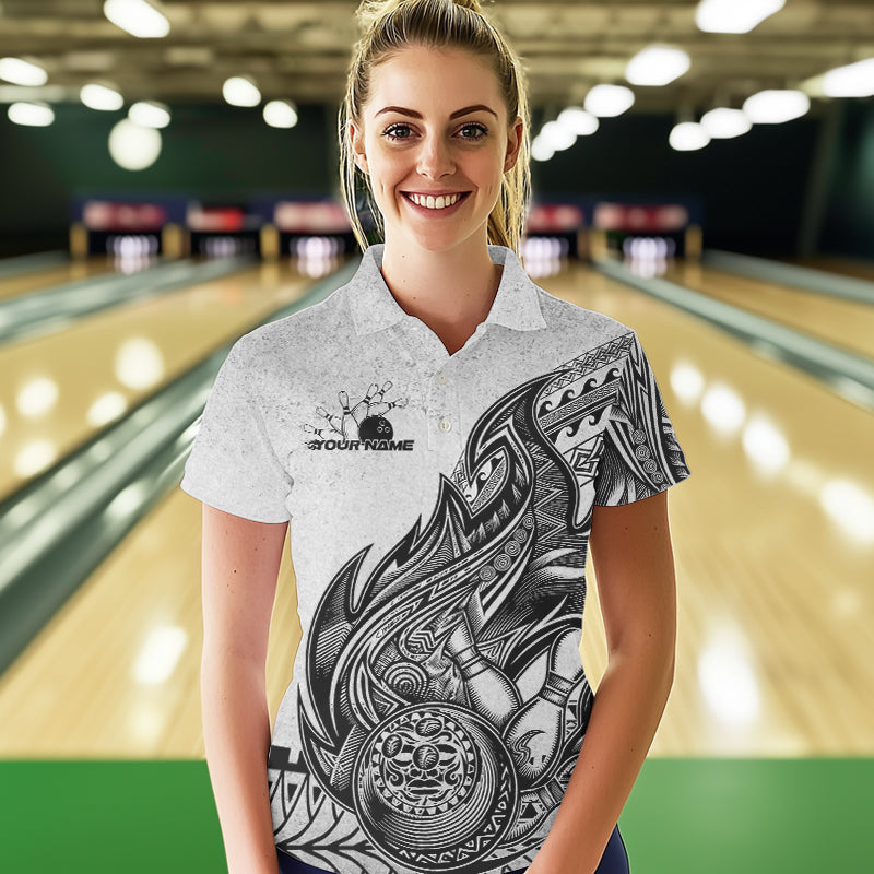 Custom Grunge Black And Gray Tribal Flame Polynesian Bowling Team Polo Shirts For Women IPHW8804