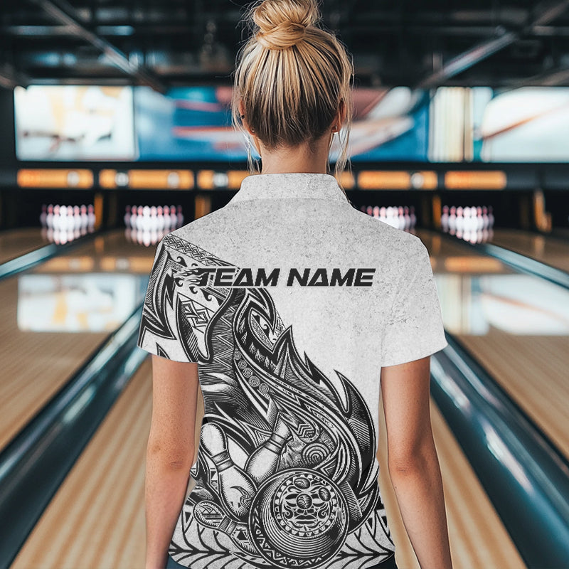 Custom Grunge Black And Gray Tribal Flame Polynesian Bowling Team Polo Shirts For Women IPHW8804