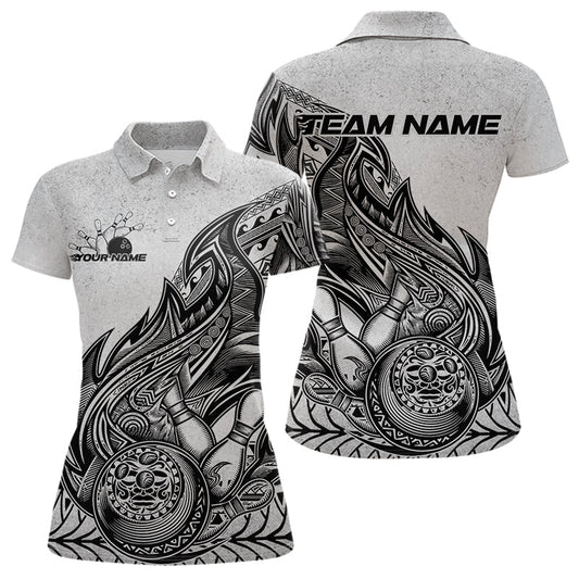 Custom Grunge Black And Gray Tribal Flame Polynesian Bowling Team Polo Shirts For Women IPHW8804