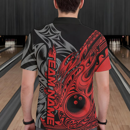 Custom Black And Red Flame Tribal Polynesian Bowling Men Polo Shirts, Bowling Team Uniform IPHW8807