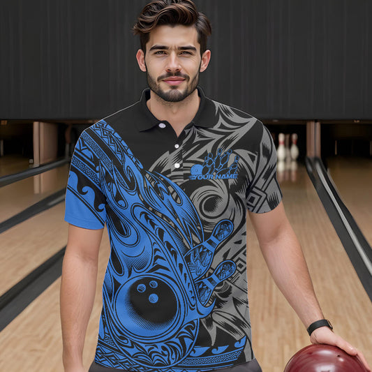 Custom Black And Blue Flame Tribal Polynesian Bowling Men Polo Shirts, Bowling Team Uniform IPHW8808