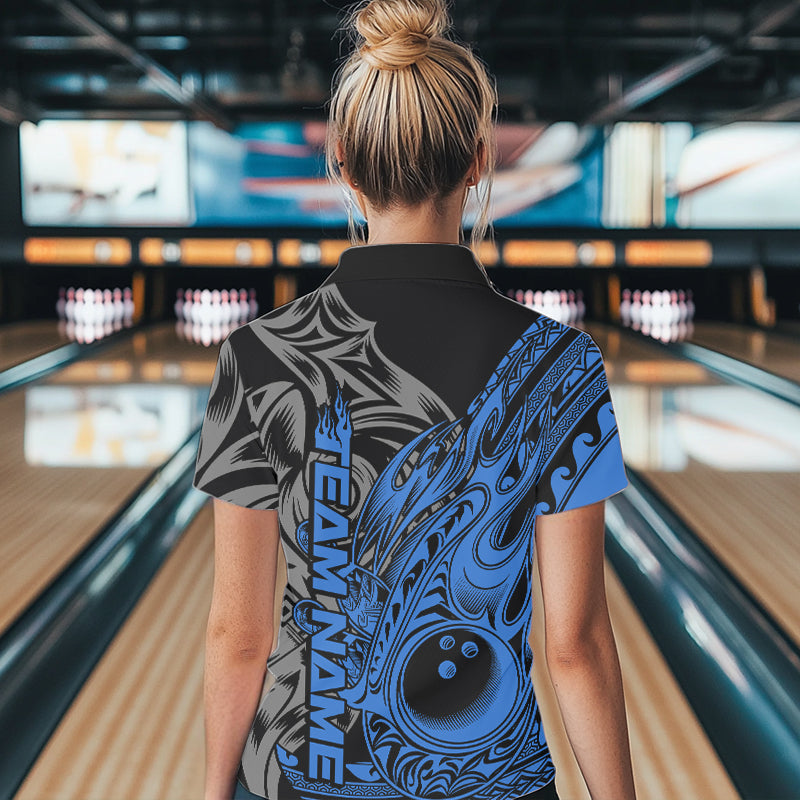 Custom Black And Blue Flame Tribal Polynesian Bowling Women Polo Shirts, Team Uniform IPHW8808