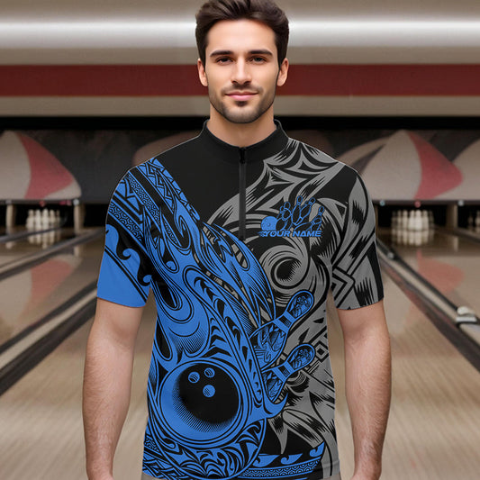 Custom Black And Blue Flame Tribal Polynesian Bowling Men Quarter-Zip Shirts, Bowling Team Uniform IPHW8808