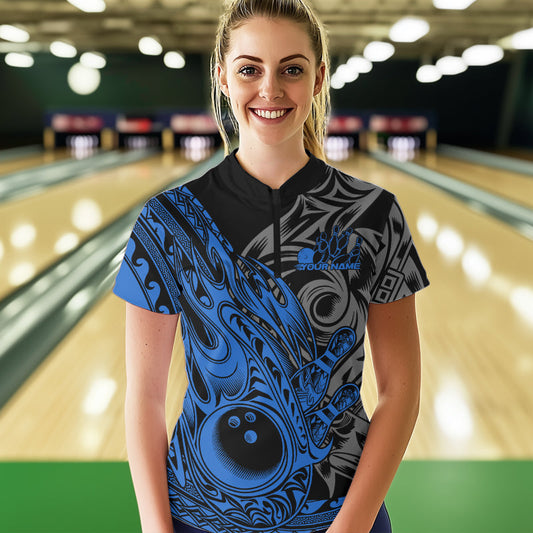 Custom Black And Blue Flame Tribal Polynesian Bowling Women Quarter-Zip Shirt, Team Uniform IPHW8808
