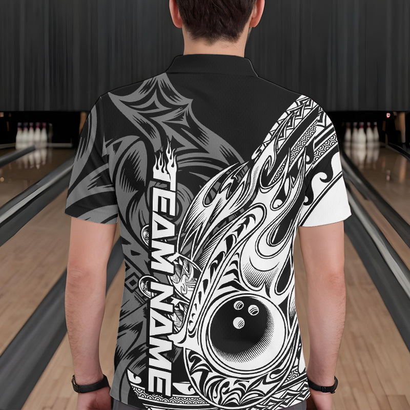 Custom Black And White Flame Tribal Polynesian Bowling Men Polo Shirts, Bowling Team Uniform IPHW8809