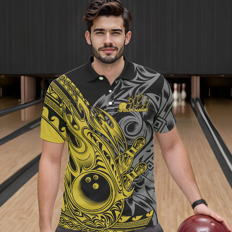 Custom Black And Yellow Flame Tribal Polynesian Bowling Men Polo Shirts, Bowling Team Uniform IPHW8810