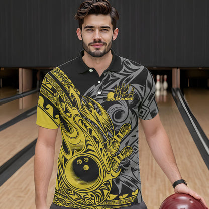 Custom Black And Yellow Flame Tribal Polynesian Bowling Men Polo Shirts, Bowling Team Uniform IPHW8810