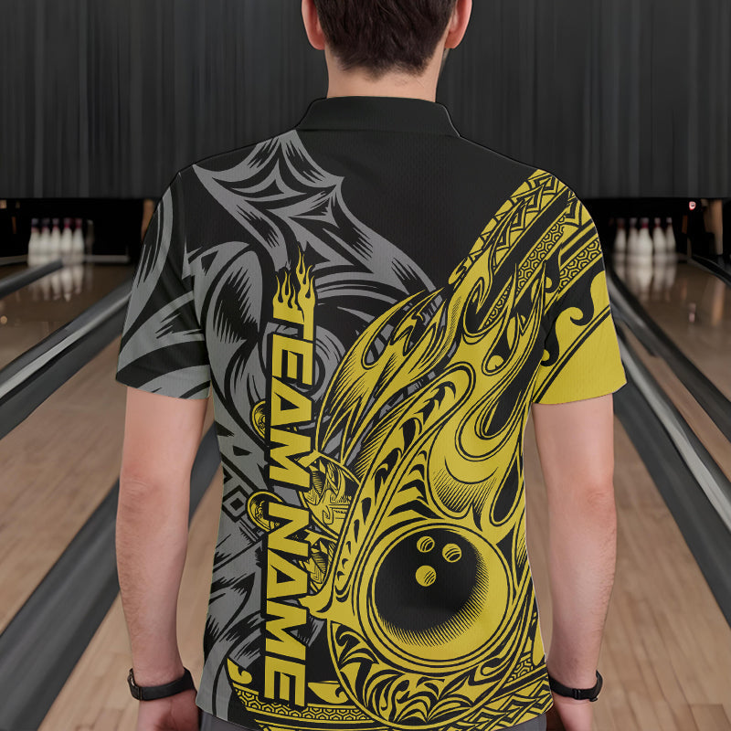 Custom Black And Yellow Flame Tribal Polynesian Bowling Men Polo Shirts, Bowling Team Uniform IPHW8810