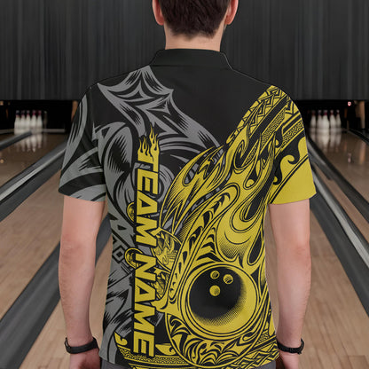 Custom Black And Yellow Flame Tribal Polynesian Bowling Men Polo Shirts, Bowling Team Uniform IPHW8810