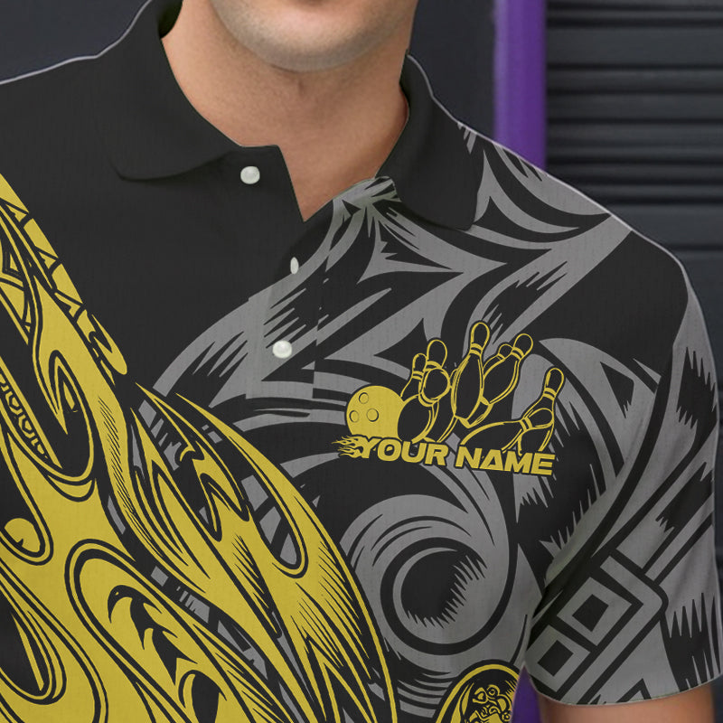 Custom Black And Yellow Flame Tribal Polynesian Bowling Men Polo Shirts, Bowling Team Uniform IPHW8810