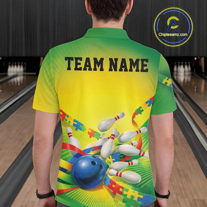 Male model at a bowling lane, back view of green and yellow polo shirt showcasing autism puzzle bowling ball and pins artwork