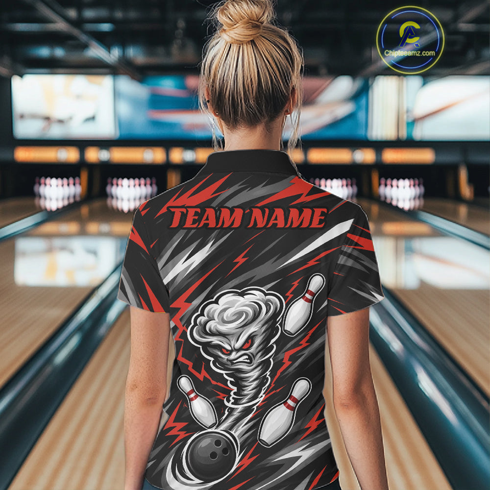 Custom Black And Red Storm Thunnder Lightning Bolts Bowling Team Women Quarter-Zip Shirt IPHW11807