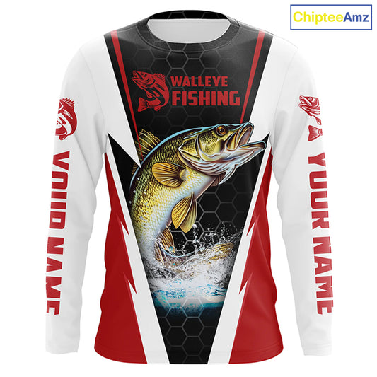Custom Walleye Fishing Jerseys, Walleye Long Sleeve Tournament Fishing Shirts | Red IPHW5714