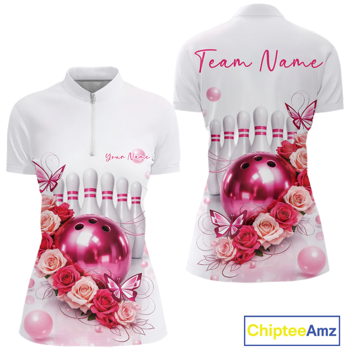Custom Red And Pink Roses With Butterfly Bowling Women Quarter-Zip Shirt, Ladies Outfit IPHW10892