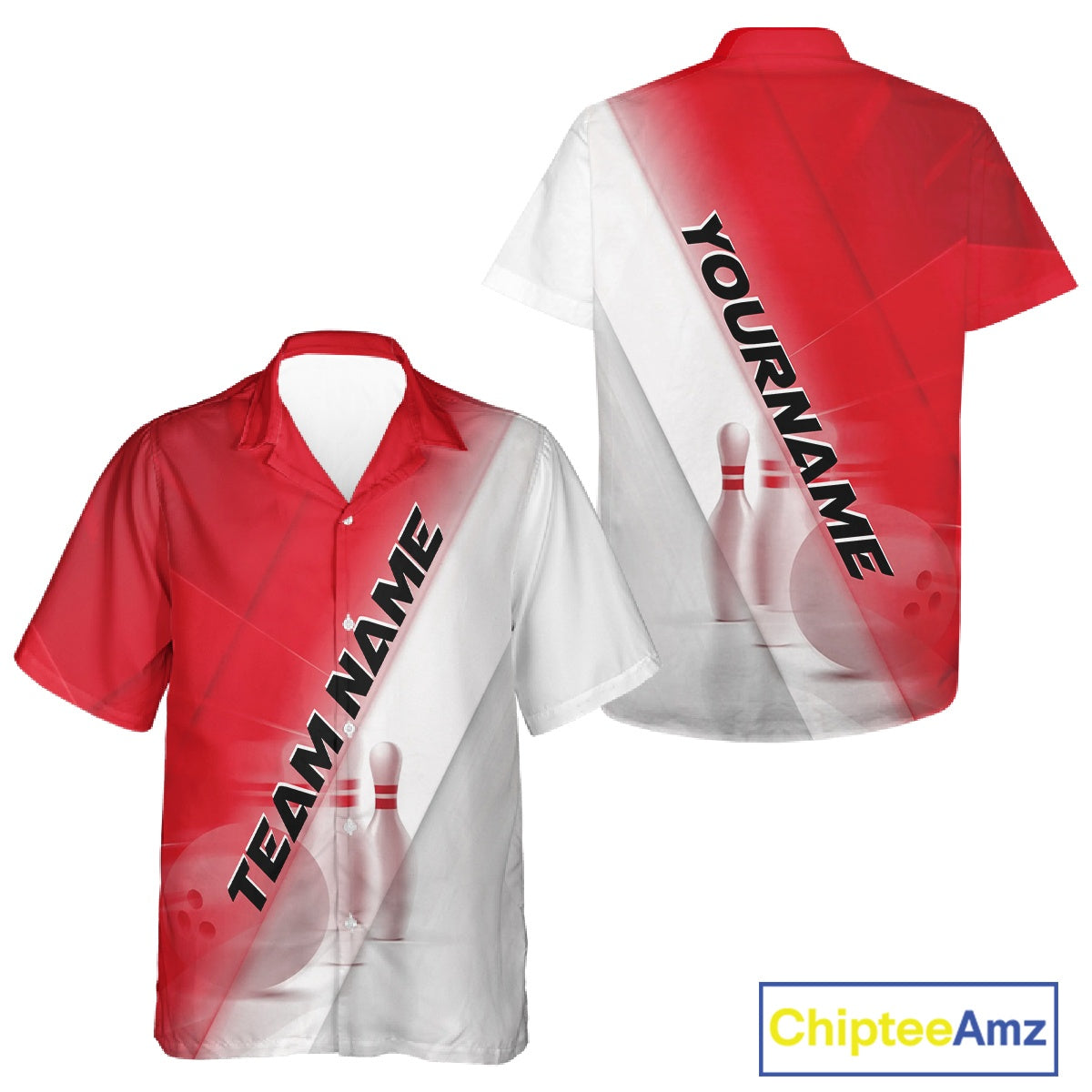 Button up bowling shirt mockup shown front and back with bowling ball and pins incorporated into a red and white diagonal layout.