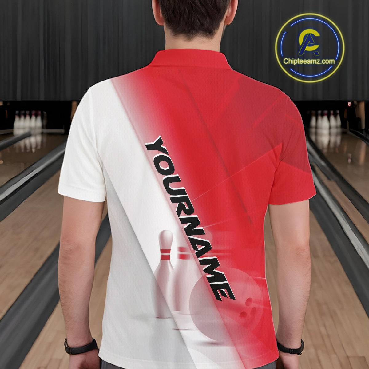 Male model back view in a bowling lane wearing a polo shirt with bowling ball and pins across a red and white diagonal layout.