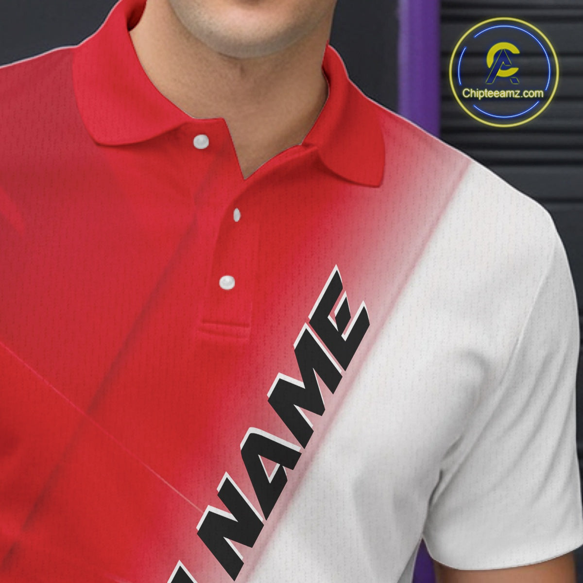 Close up left chest view of a bowling polo shirt with bowling ball and pins incorporated into a red and white diagonal layout.