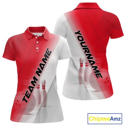 Front and back women’s polo shirt mockup with bowling ball and pins artwork incorporated into a red and white diagonal layout.