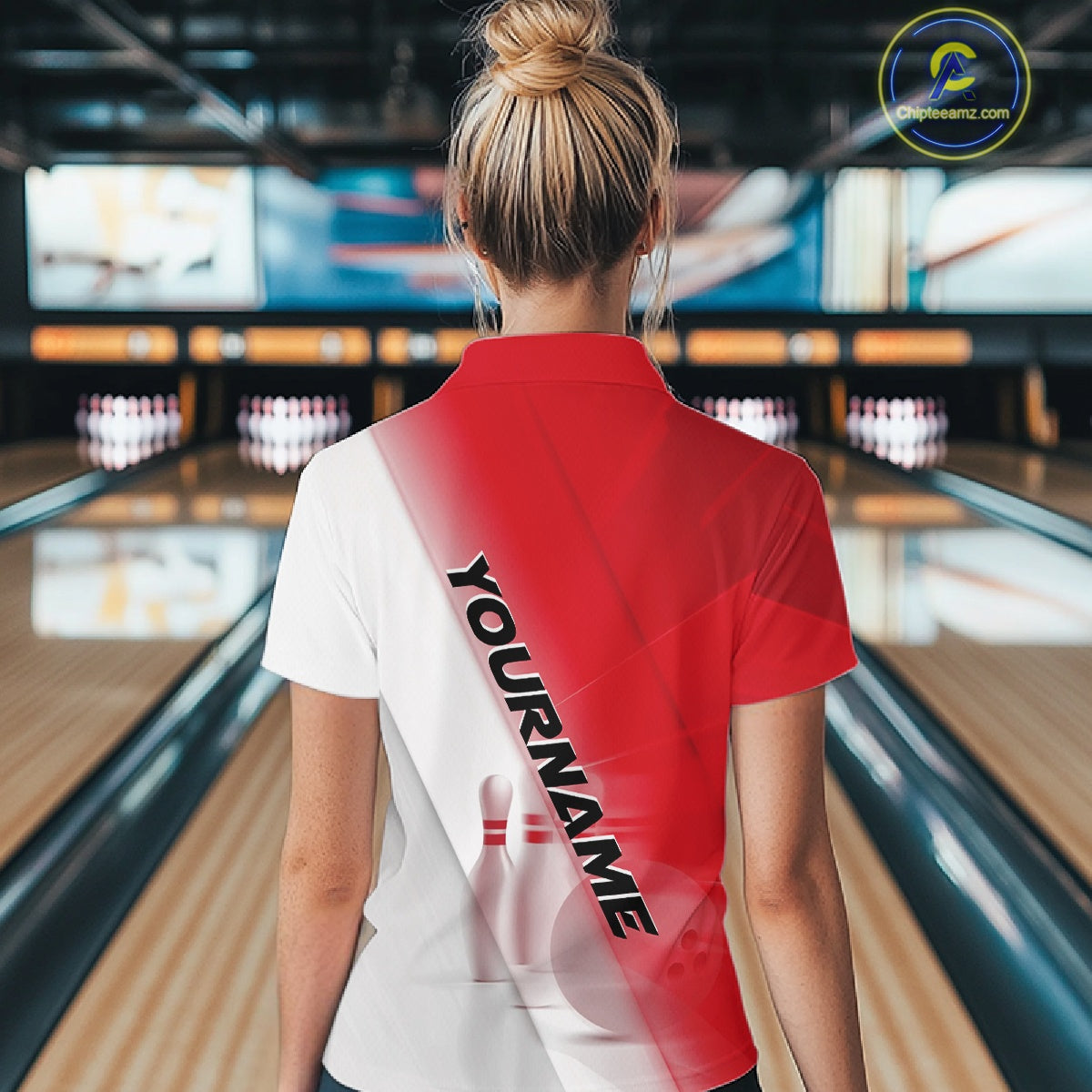 Female model back view in a bowling lane wearing a polo shirt with bowling ball and pins across a red and white diagonal layout.