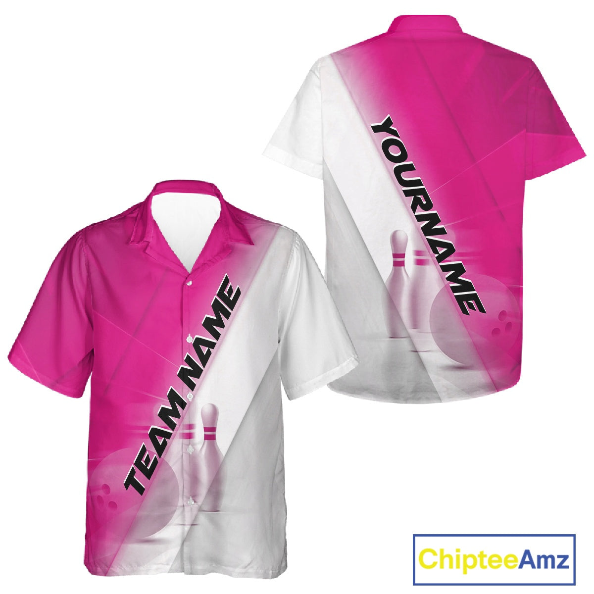Front and back button up bowling shirt mockup featuring bowling ball and pins graphics within a pink and white diagonal layout.