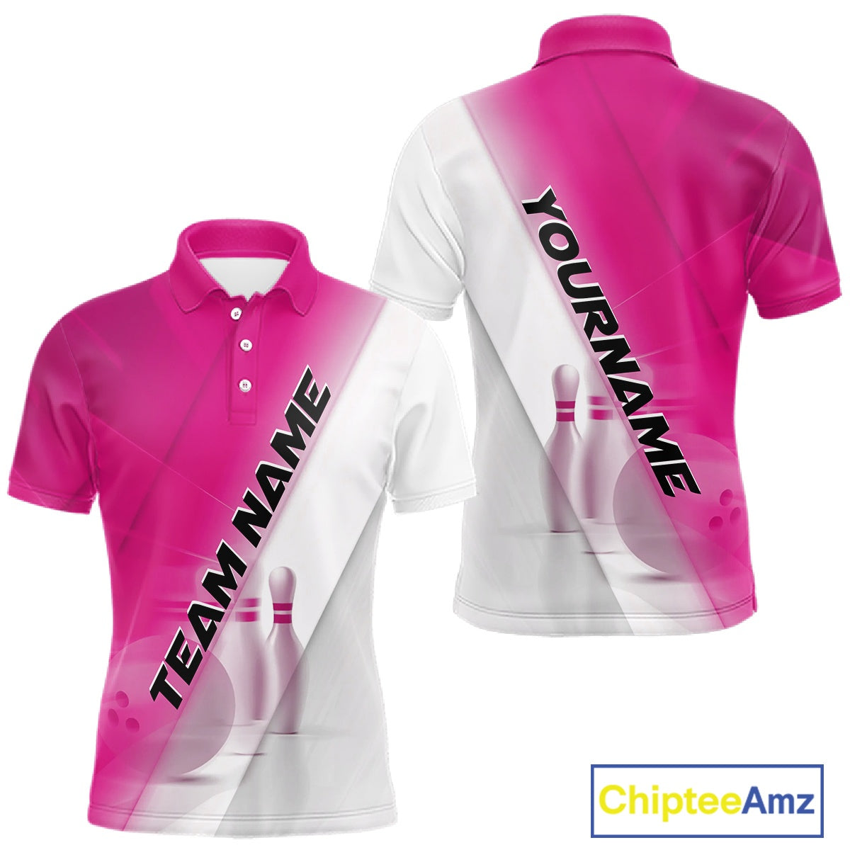 Front and back men’s bowling polo shirt mockup with bowling ball and pins motif in a pink and white diagonal layout.
