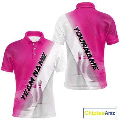 Front and back men’s bowling polo shirt mockup with bowling ball and pins motif in a pink and white diagonal layout.