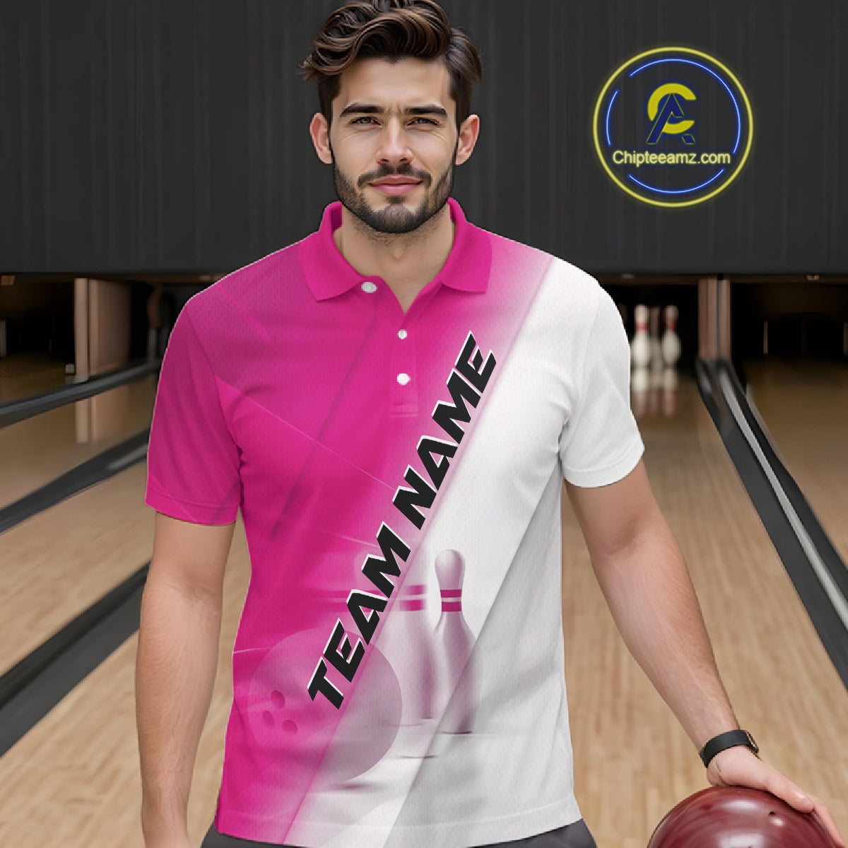 Front view male model in a bowling lane wearing a polo shirt with bowling ball and pins across a pink and white diagonal layout.