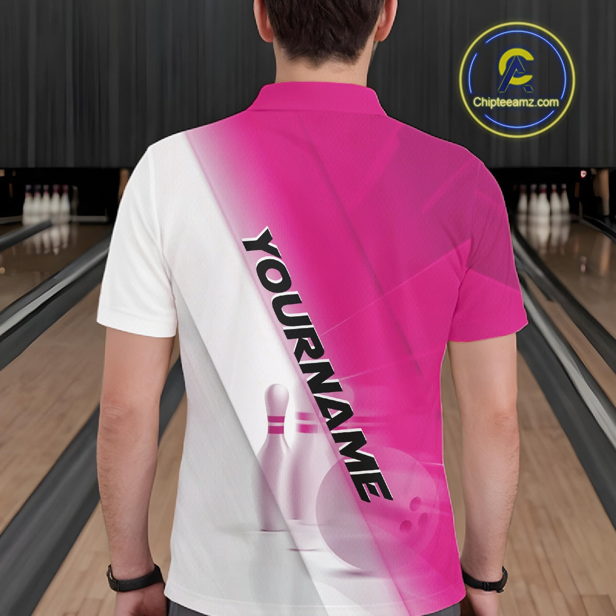 Back view of a male model at a bowling lane wearing a polo shirt with bowling ball and pins in a pink and white diagonal layout.