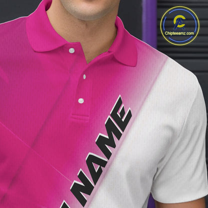 Left chest close up of a bowling polo shirt featuring bowling ball and pins graphics within a pink and white diagonal layout.