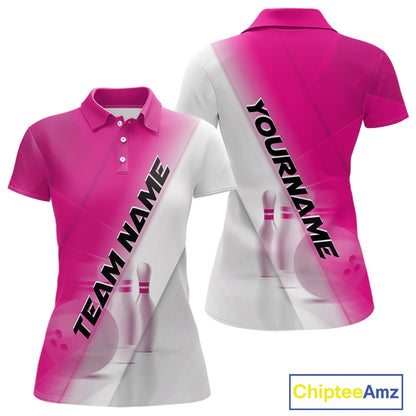 Front and back women’s polo shirt mockup featuring bowling ball and pins graphics within a pink and white diagonal layout.