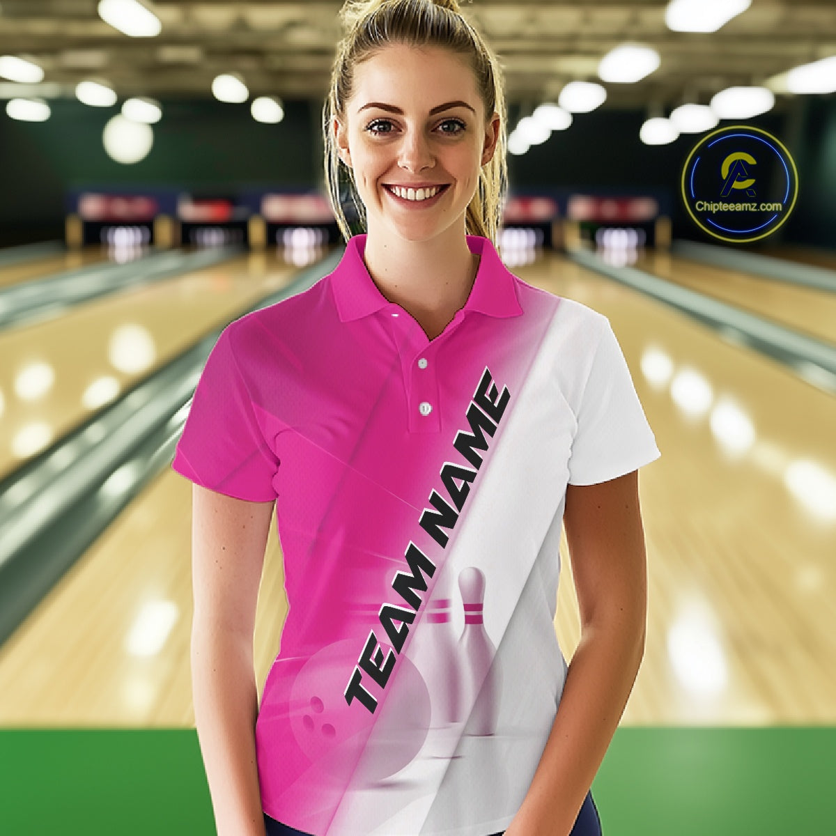 Female model front view at the bowling lane wearing a bowling polo shirt with bowling ball and pins across a pink and white diagonal layout.
