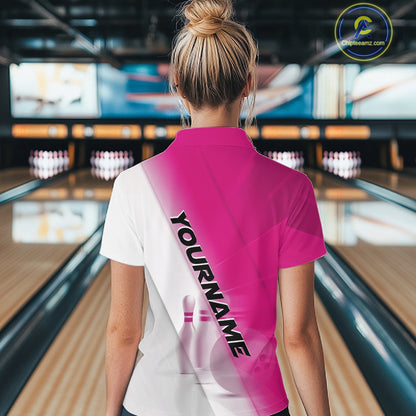 Back view female model in a bowling lane wearing a polo shirt with bowling ball and pins in a pink and white diagonal layout.
