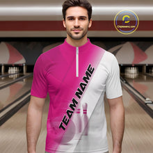 Load image into Gallery viewer, Front view of a male model in a bowling lane wearing a quarter zip shirt with bowling ball and pins in a pink and white diagonal layout.