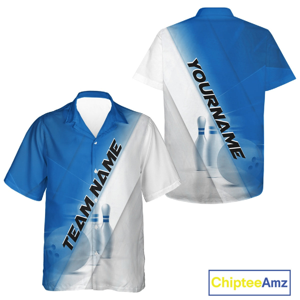 Button up bowling shirt shown front and back with bowling ball and pins artwork incorporated into a blue and white diagonal layout.