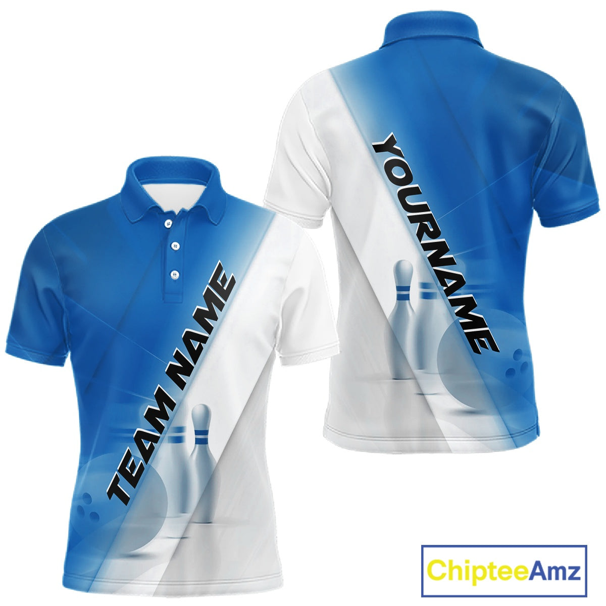 Front and back men’s bowling polo shirt mockup featuring bowling ball and pins artwork in a blue and white diagonal layout.