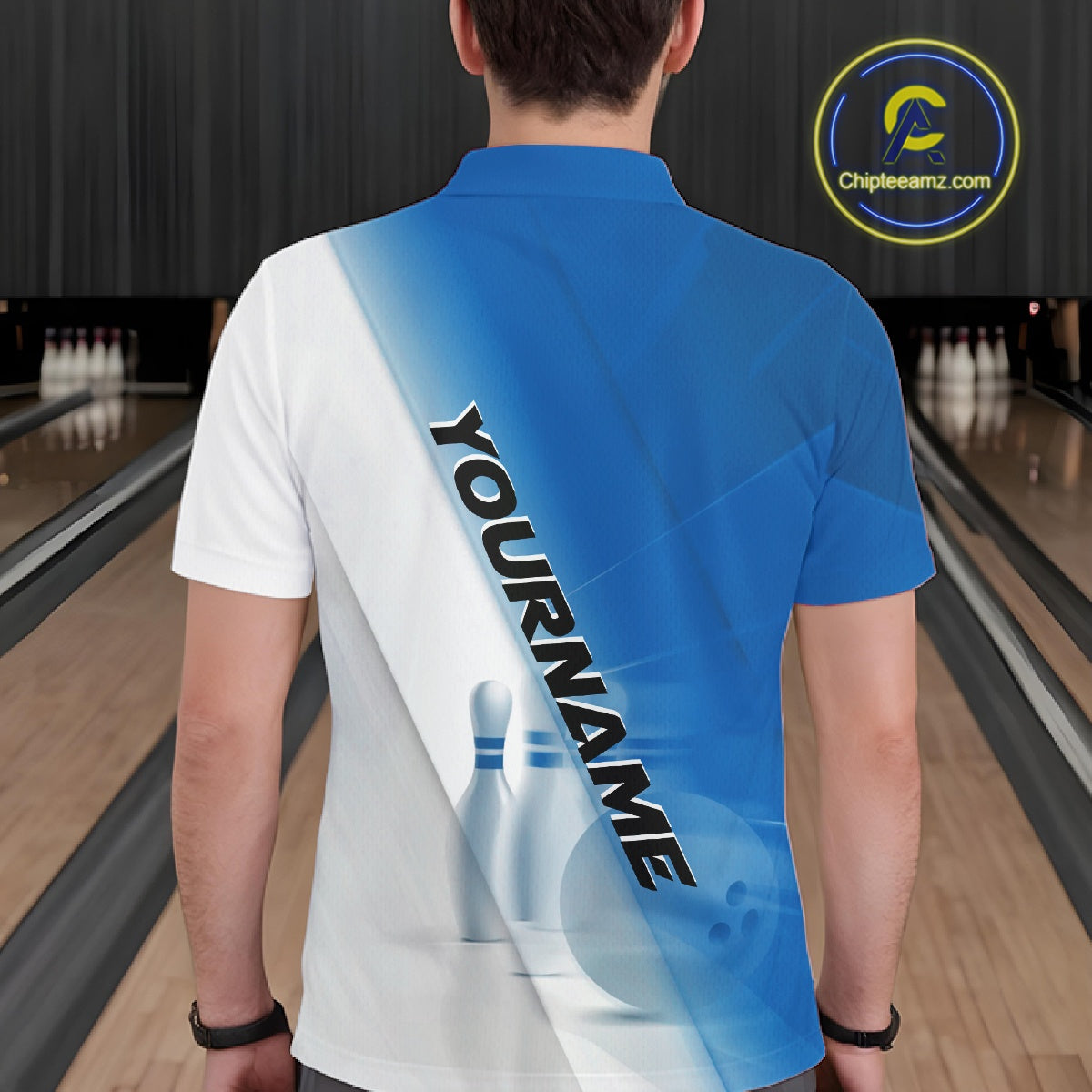 Back view of a male model in a bowling lane wearing a polo shirt with bowling ball and pins in a blue and white diagonal layout.