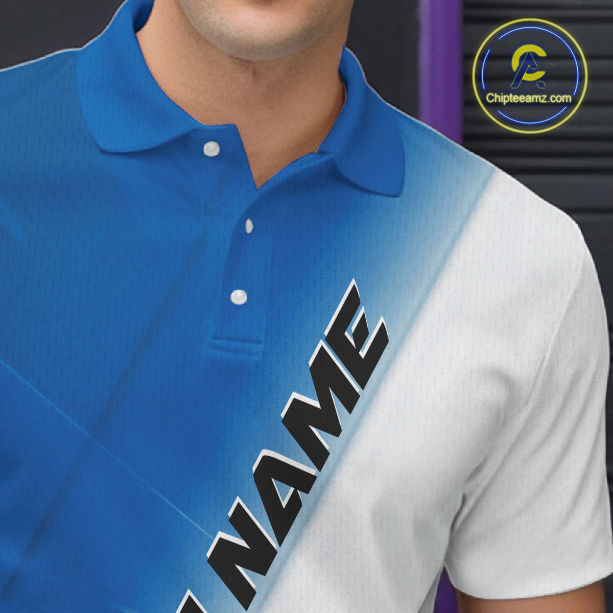 Close up left chest view of a bowling polo shirt with bowling ball and pins incorporated into a blue and white diagonal layout.
