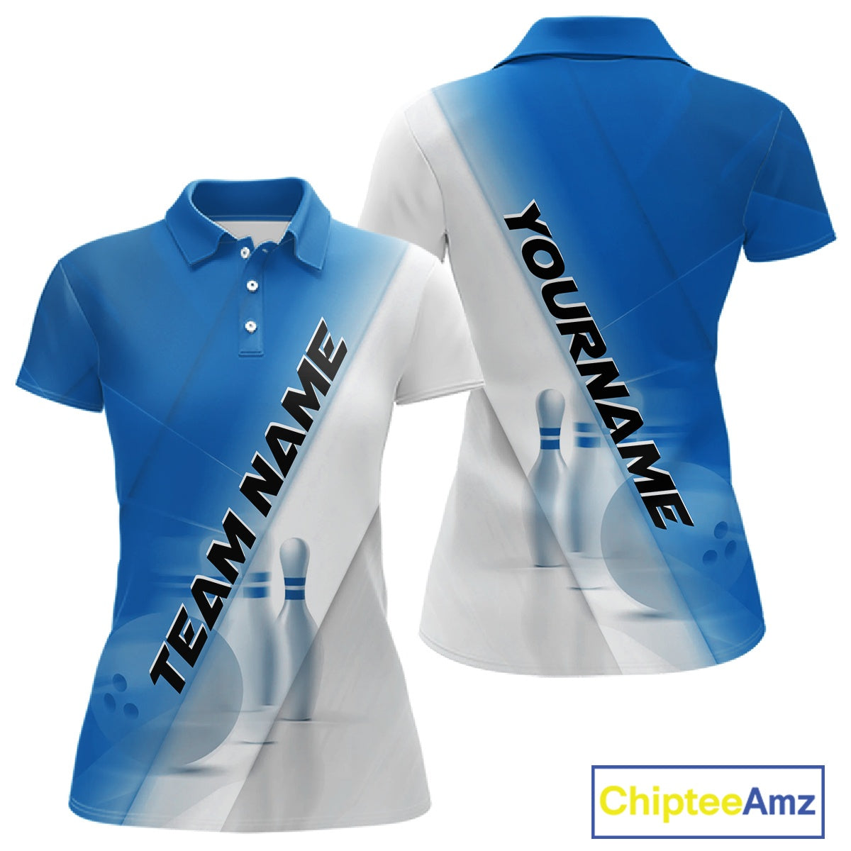 Front and back women’s polo shirt mockup with bowling ball and pins artwork incorporated into a blue and white diagonal layout.