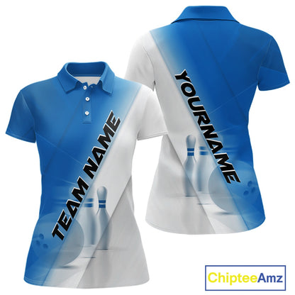 Front and back women’s polo shirt mockup with bowling ball and pins artwork incorporated into a blue and white diagonal layout.