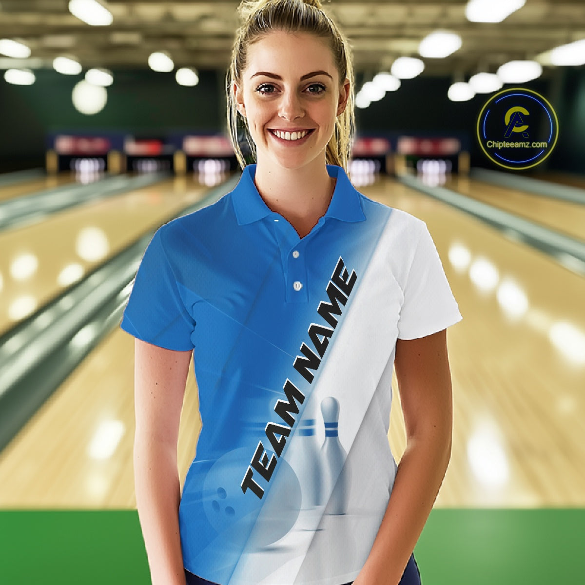 Female model front view in a bowling lane wearing a bowling polo shirt with bowling ball and pins in a blue and white diagonal layout.