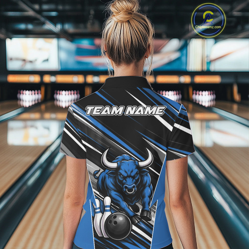 Custom Black And Blue Bull Bowling Team Women Quarter-Zip Shirt, Bull Bowling Jerseys IPHW11815