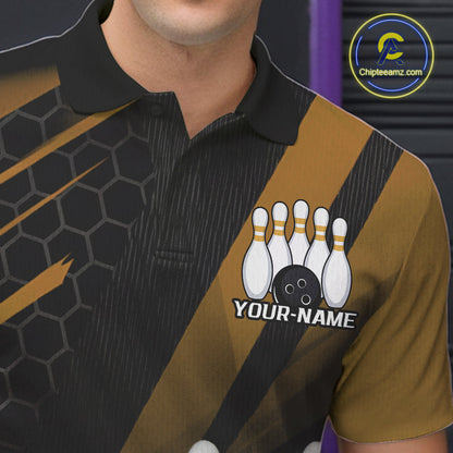 Custom Black And Yellow Bowling Team Jerseys, Striking Bowling League Polo Shirt For Men IPHW9809
