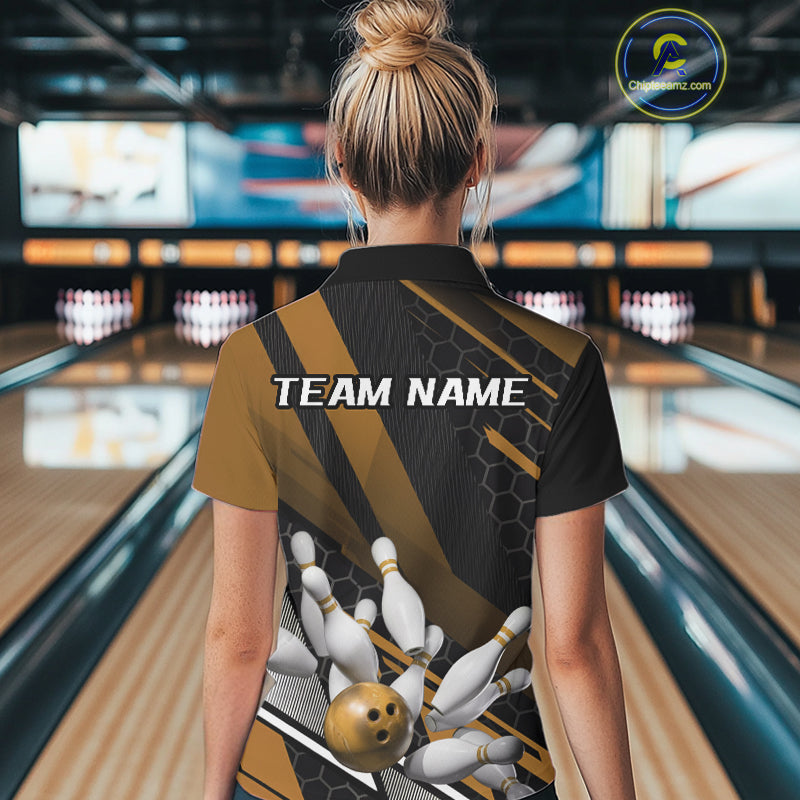 Custom Black And Yellow Bowling Team Jersey, Striking Bowling League Polo Shirt For Women IPHW9809
