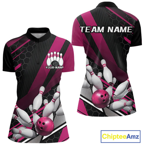 Custom Pink Bowling Team Jerseys, Striking Bowling League Quarter-Zip Shirt For Women IPHW9810