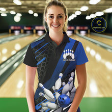 Load image into Gallery viewer, Custom Black And Blue Bowling Team Jerseys, Striking Bowling League Polo Shirt For Women IPHW9811