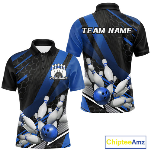 Custom Black And Blue Bowling Team Jerseys, Striking Bowling League Polo Shirt For Men IPHW9811
