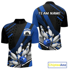 Load image into Gallery viewer, Custom Black And Blue Bowling Team Jerseys, Striking Bowling League Quarter-Zip Shirt For Men IPHW9811