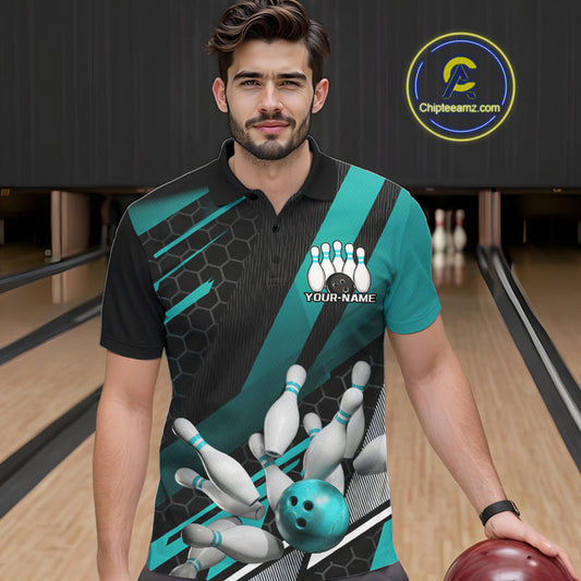 Custom Black And Turquoise Blue Bowling Team Jersey, Striking Bowling League Men Polo Shirt IPHW9812