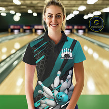 Load image into Gallery viewer, Custom Black And Turquoise Blue Bowling Team Jersey, Bowling League Women Polo Shirt IPHW9812